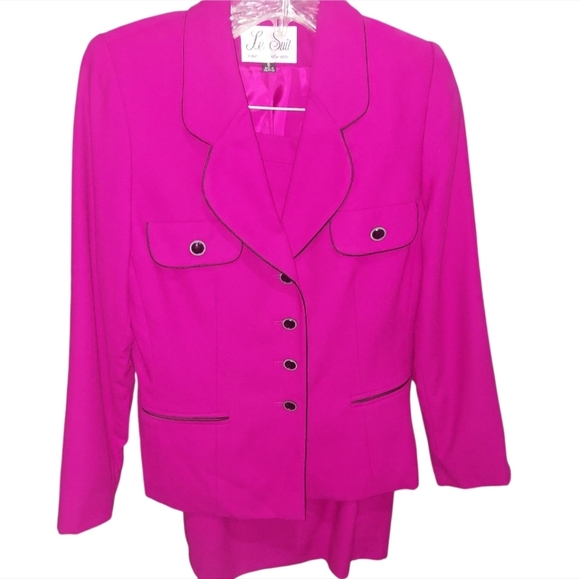 Le Suit Hot Fuschia Pink 2 PC Suit Blazer + Skirt - Picture 1 of 7